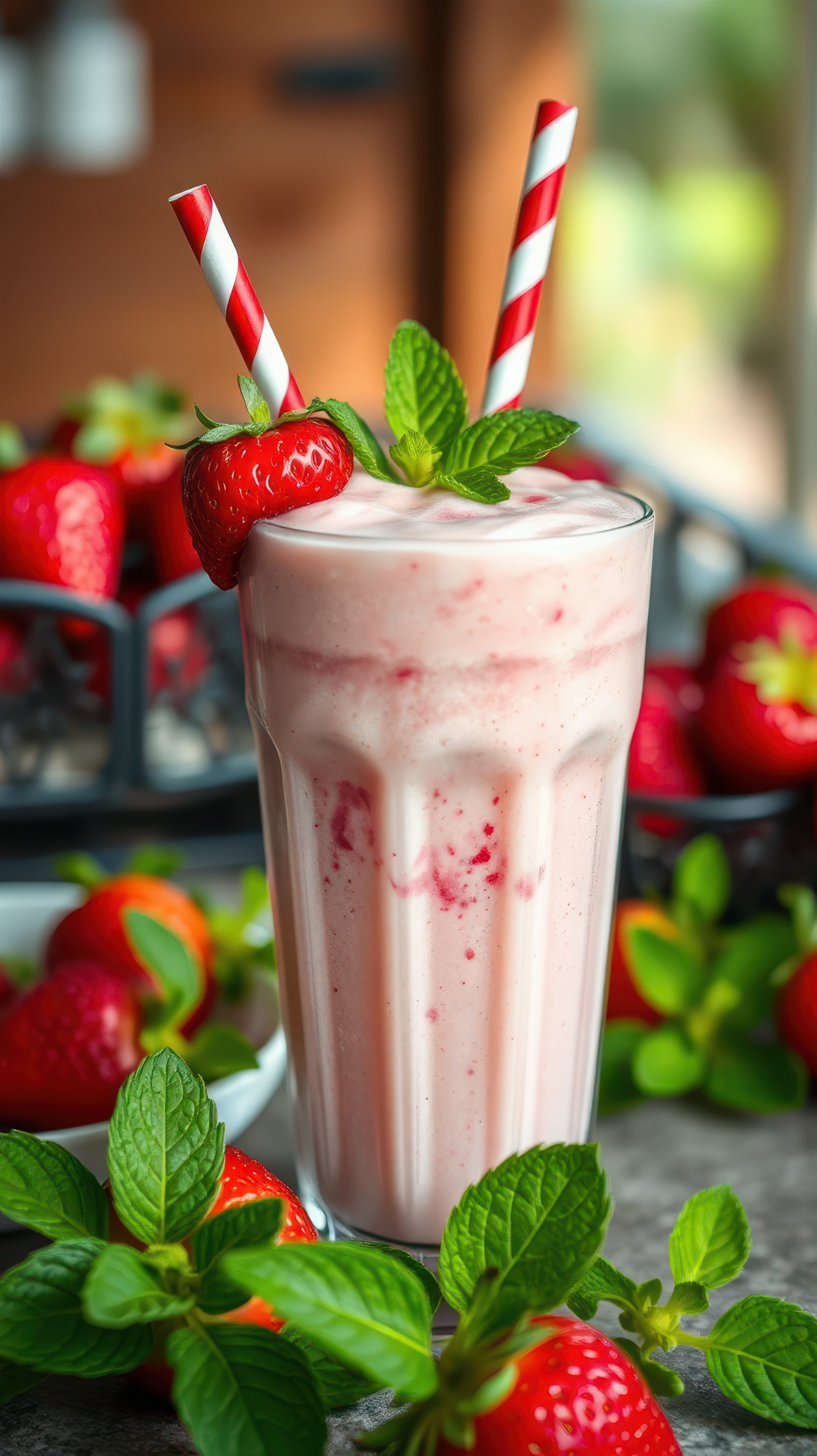 Fresh strawberry milkshake served in a tall glass with mint leaves and striped straws, surrounded by ripe strawberries